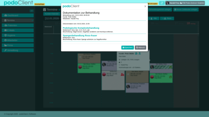 Terminplaner für Podologen mit Ansicht Dokumentation