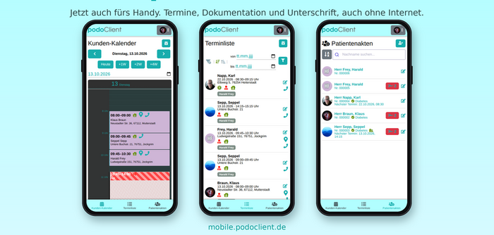 podoClient auf dem Handy: Kalender, Terminliste und Patientenakte beim Hausbesuch, auch ohne Internet